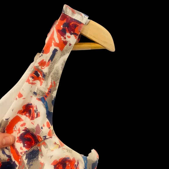 Dress Floral Size 10 Fit Flare Belted Blue Red White Flowers Zip Tulle Lined - Picture 9 of 13